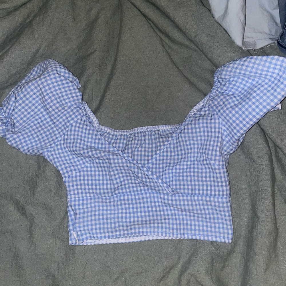 Blue plaid cross over shirt